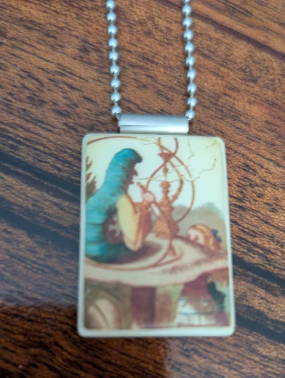 Alice in Wonderland Caterpillar Illustrated Pendant Necklace - Teal & Cream